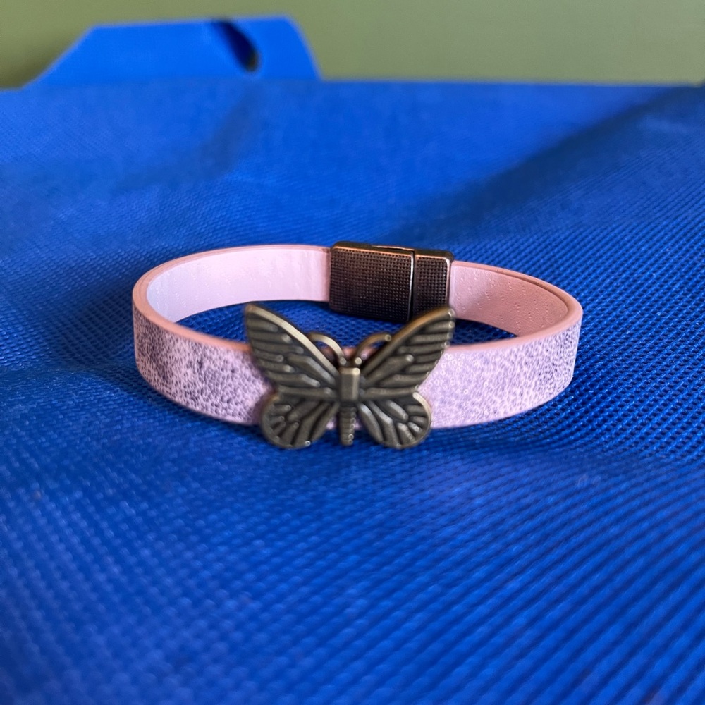 Hand made pink leather with butterfly charm bracelet with magnetic closure
